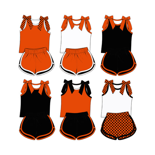 custom moq 5 mix size Baby Girls Orange Bow Sleeveless Top Shorts Summer Casual Clothes Set