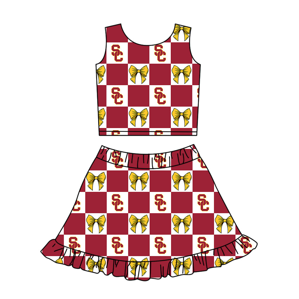 Custom moq 5 mix size Milk silk summer girls' three-piece set with letter bow print plaid sleeveless skirt including a dress and shorts