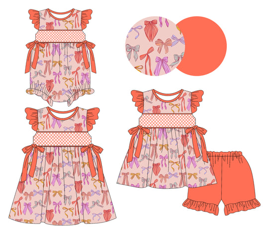 3.8 custom each style moq 5eta 4-6week Sibling Sisters bow baby girl short sleeve shorts sets and dress and rompers match family design