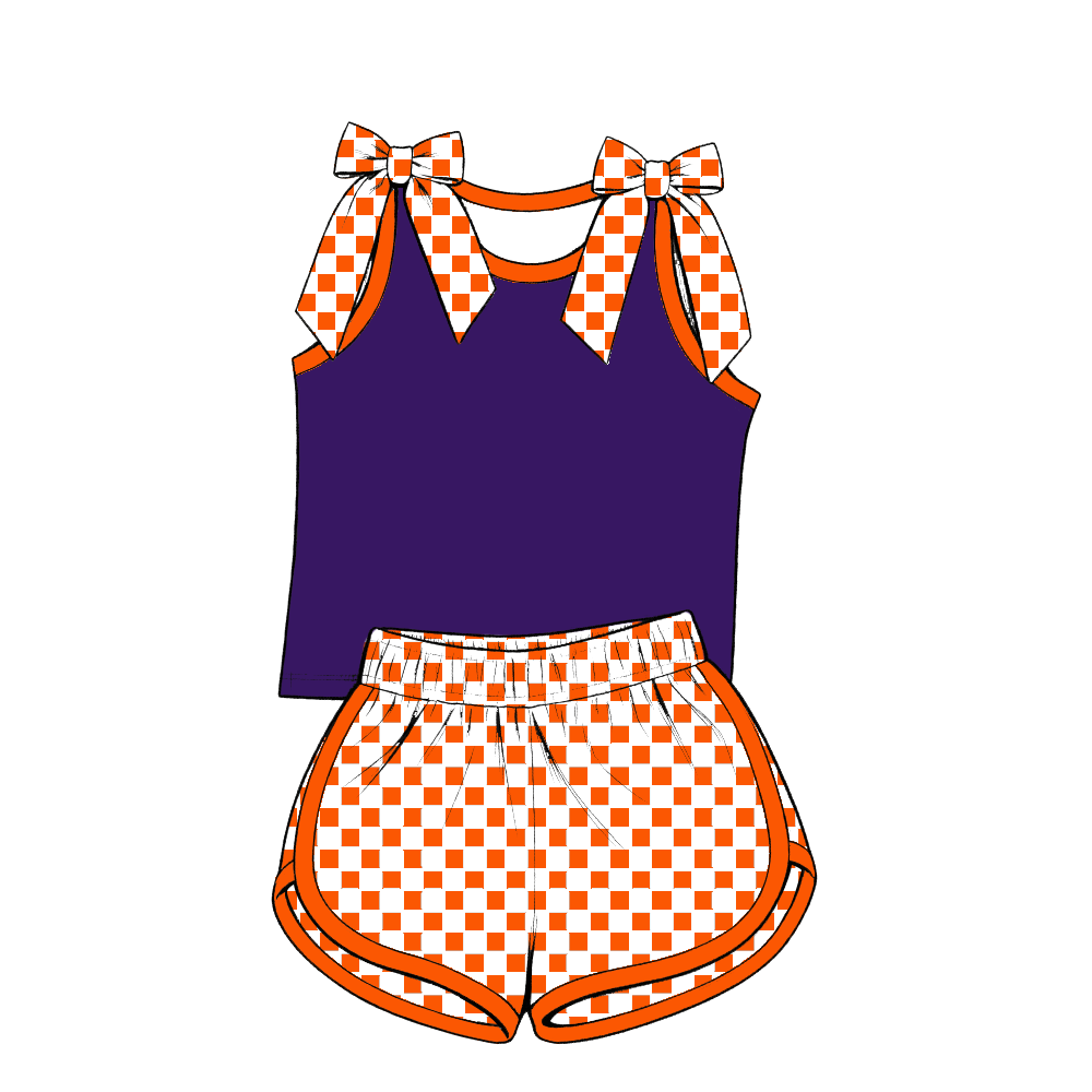 custom moq 5 mix size Baby Girls Orange Purple Bow Sleeveless Top Shorts Summer Outfit Sets