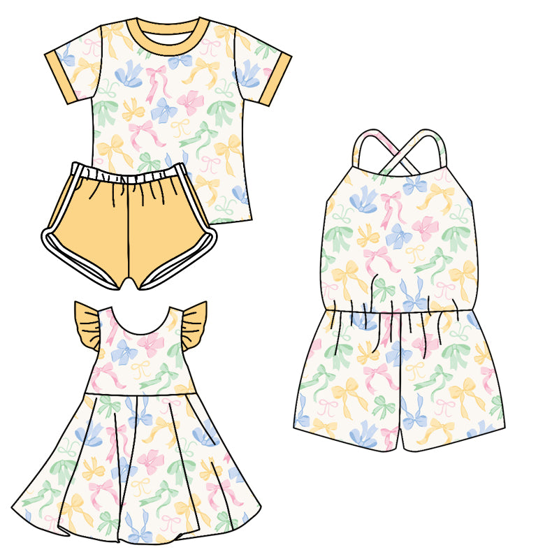 3.13 custom each style moq 5eta 4-6week Sibling Sister bow baby girl short sleeve shorts sets and dresses and jumpsuit match design