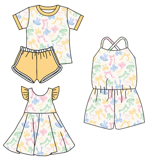 3.13 custom each style moq 5eta 4-6week Sibling Sister bow baby girl short sleeve shorts sets and dresses and jumpsuit match design