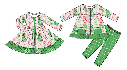 25.5.25 custom each style moq 5eta 4-6week Sibling Sisters Christmas trees baby girl long sleeve pants sets and dress match family design