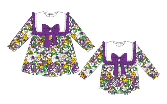 25.10.10 custom each style moq 5 eta 6-8week Sibling Sisters mardi gras baby girl short sleeve dress and rompers match family design