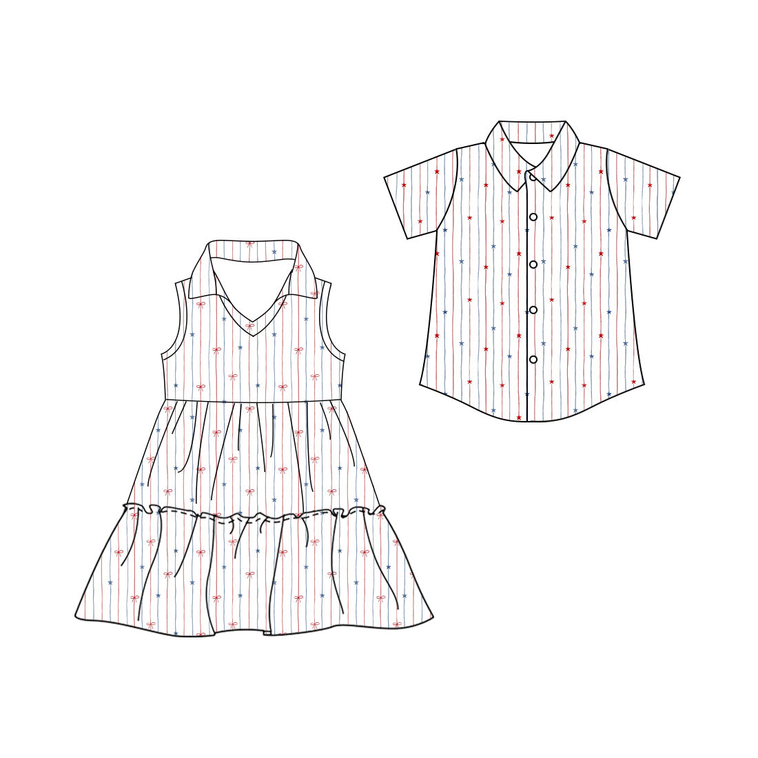 3.11 Custom moq 5 mix size Sibling Baby Girl's 4th of July Striped Sleeveless Dress Baby Boy's Short-Sleeved Button Shirt