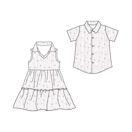3.11 Custom moq 5 mix size Sibling Baby Girl's 4th of July Striped Sleeveless Dress Baby Boy's Short-Sleeved Button Shirt