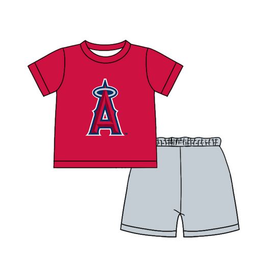 Custom moq 5 mix size milk silk summer teams Baby Boy's red  Short-Sleeved O-Neck Top And solid color Shorts Set