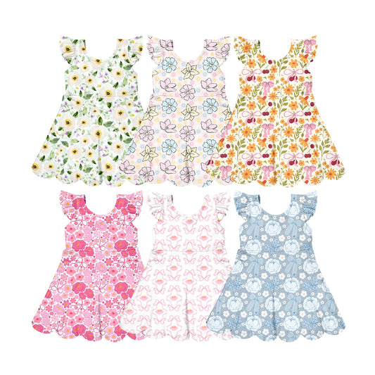 Custom moq 5 mix size Sibling Baby Girl's Flying sleeves Knee-Length Dress Summer yoga Dress for Little Girls
