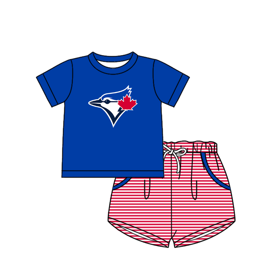 Custom moq 5 mix size milk silk summer teams Baby Boys And Girls Blue Short-Sleeved Shirt And Shorts Set Matching Striped Rompers Outfit Set