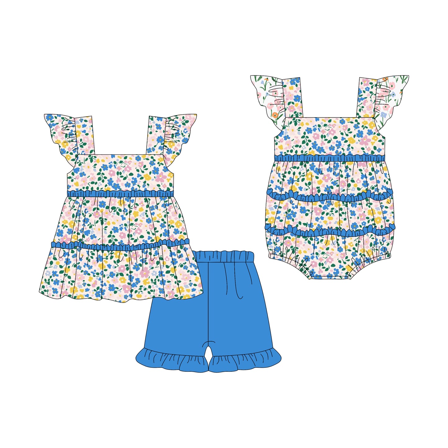 3.7 custom each style moq 5eta 4-6week Sibling Sister floral baby girl short sleeve shorts sets and romper match design
