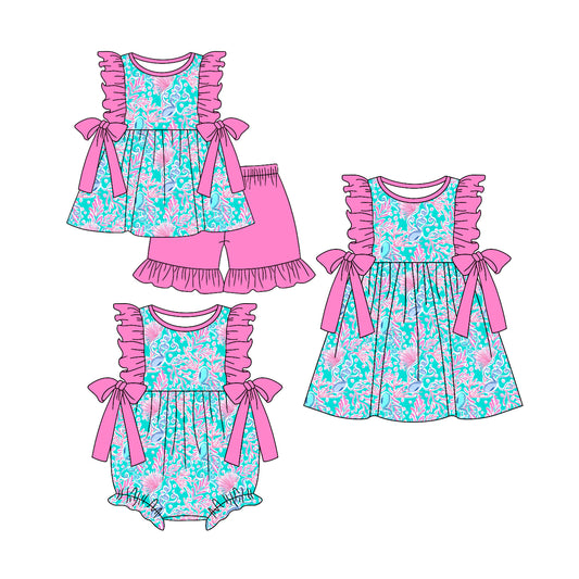 4.3 custom each style moq 5eta 4-6week Sibling Sisters floral pattern baby girl short sleeve shorts sets and dress and rompers match family design