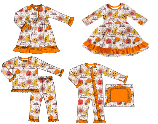 25.7.15 custom each style moq 5 eta 4-6week Sibling Sisters halloween baby girl long sleeve pants sets and romper and dress 1 and dress 2 match family design