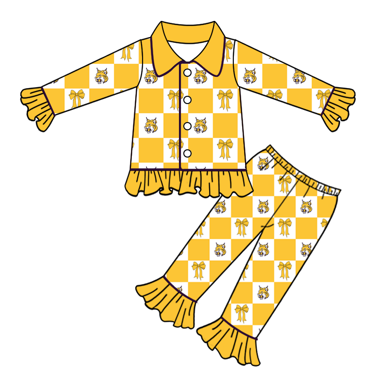 custom moq 5 mix size MSD073008 Baby Girls Checked Bow Print Collared Button Long Sleeve Ruffle Top Flared Pants Pajama Set