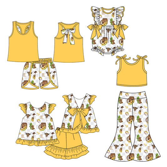 4.22 custom each style moq 5eta 4-6week Sibling Sisters sunflower cow head baby girl short sleeve shorts sets 1 and sets 2 and pants sets and rompers match family design