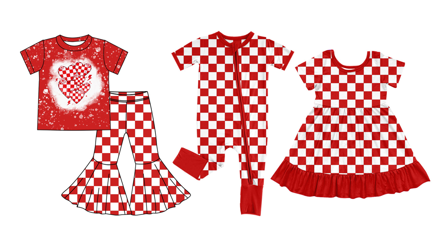 11.19 custom each style moq 5eta 4-6week Sibling Sister love red plaid baby girl sets and dress and rompers match family design