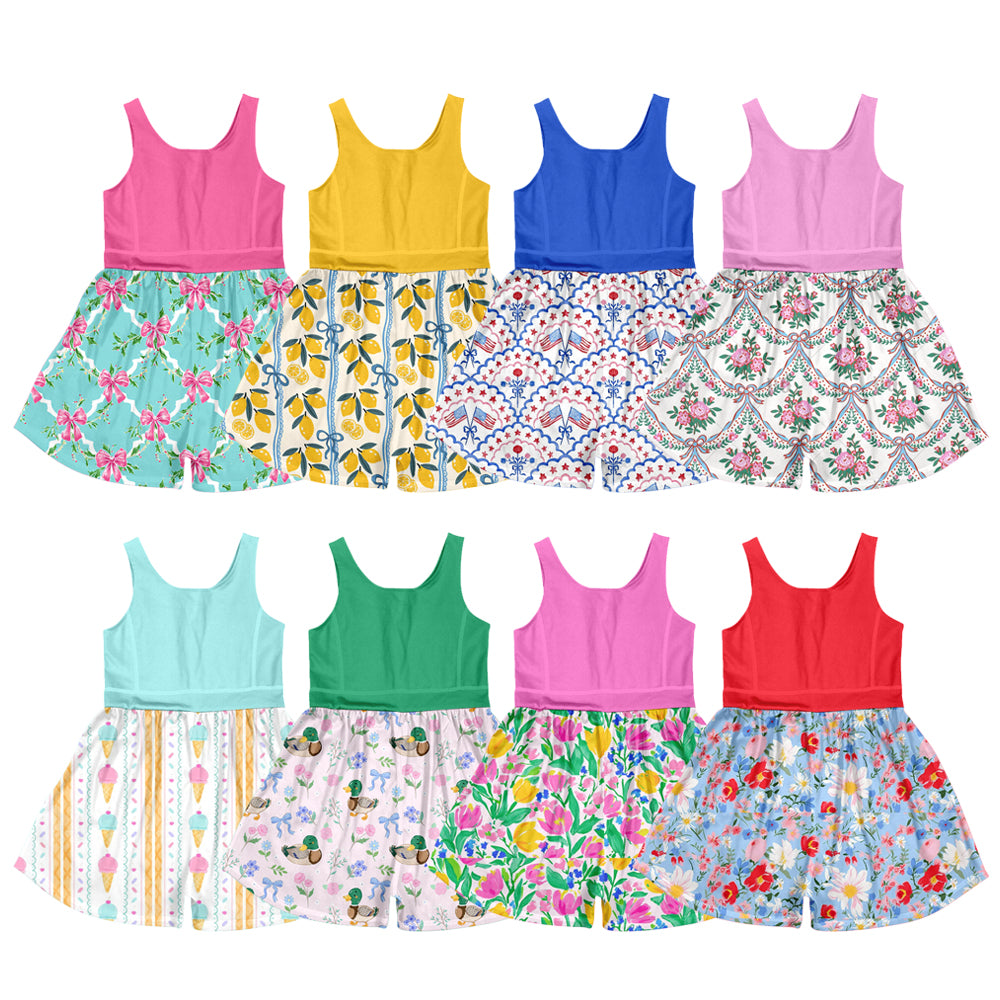 4.9 Custom moq 5 mix size Sibling Baby Girl's Colorful Flowers Sleeveless summer jumpsuits