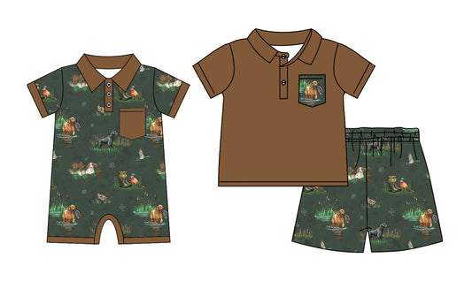 3.23 Custom moq 5 mix size Sibling Baby Boys Romper Short-Sleeved Brown Top And Green Shorts Set Summer Outfit