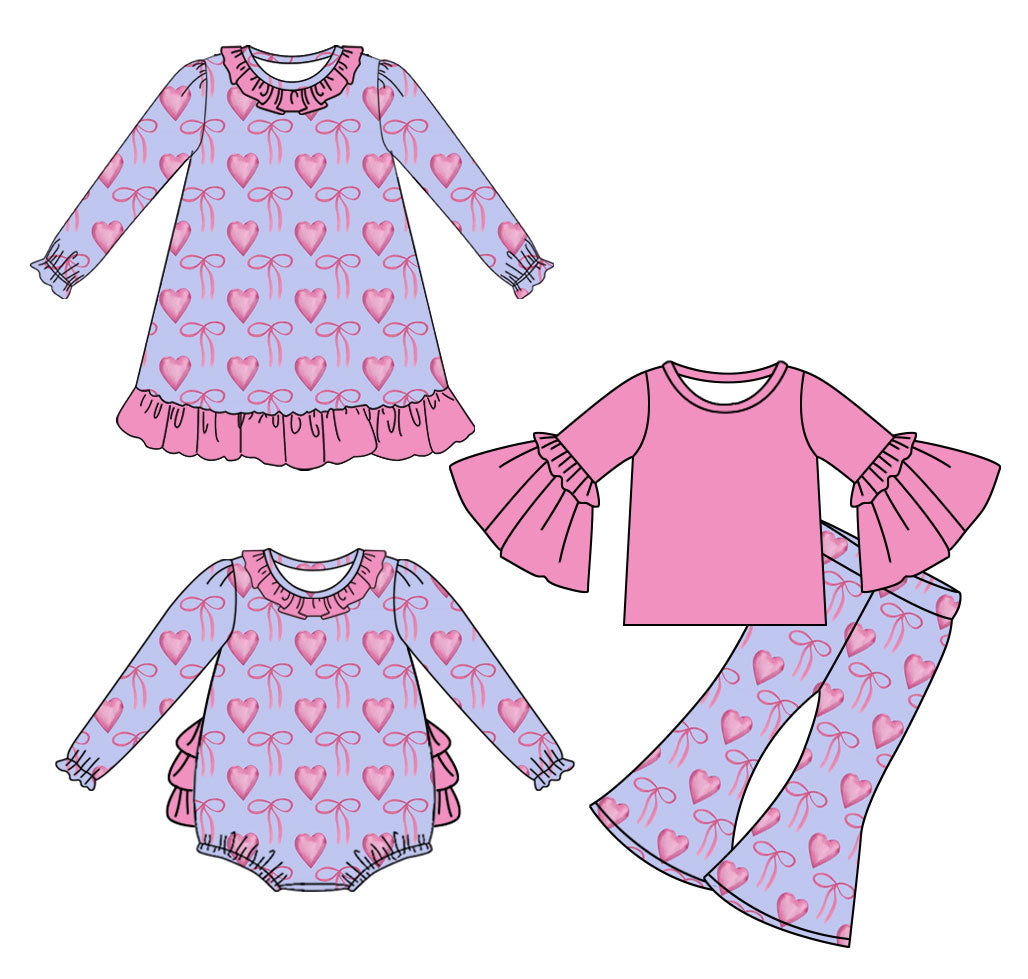 25.9.12 custom each style moq 5eta 6-8week Sibling Sisters bow love baby girl long sleeve pants sets and dress and rompers match family design