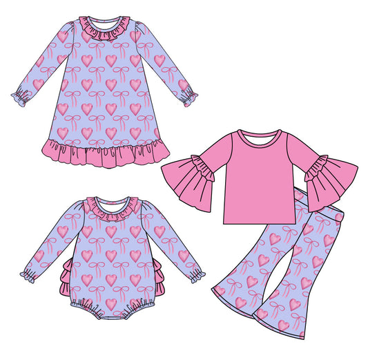 25.9.12 custom each style moq 5eta 6-8week Sibling Sisters bow love baby girl long sleeve pants sets and dress and rompers match family design