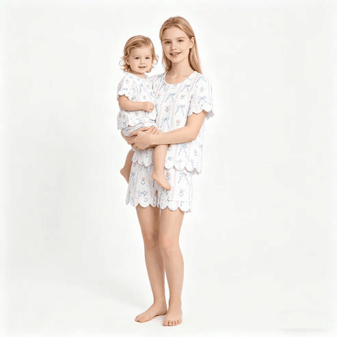 RTS NO MOQ Sibling Mom And Me Bows Flowers Stripe Short Sleeve Top With Pockets Scallop Shorts Sets