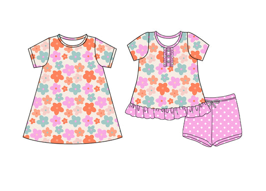 4.9 custom each style moq 5eta 4-6week Sibling Sister floral baby girl short sleeve shorts sets and dresses match design