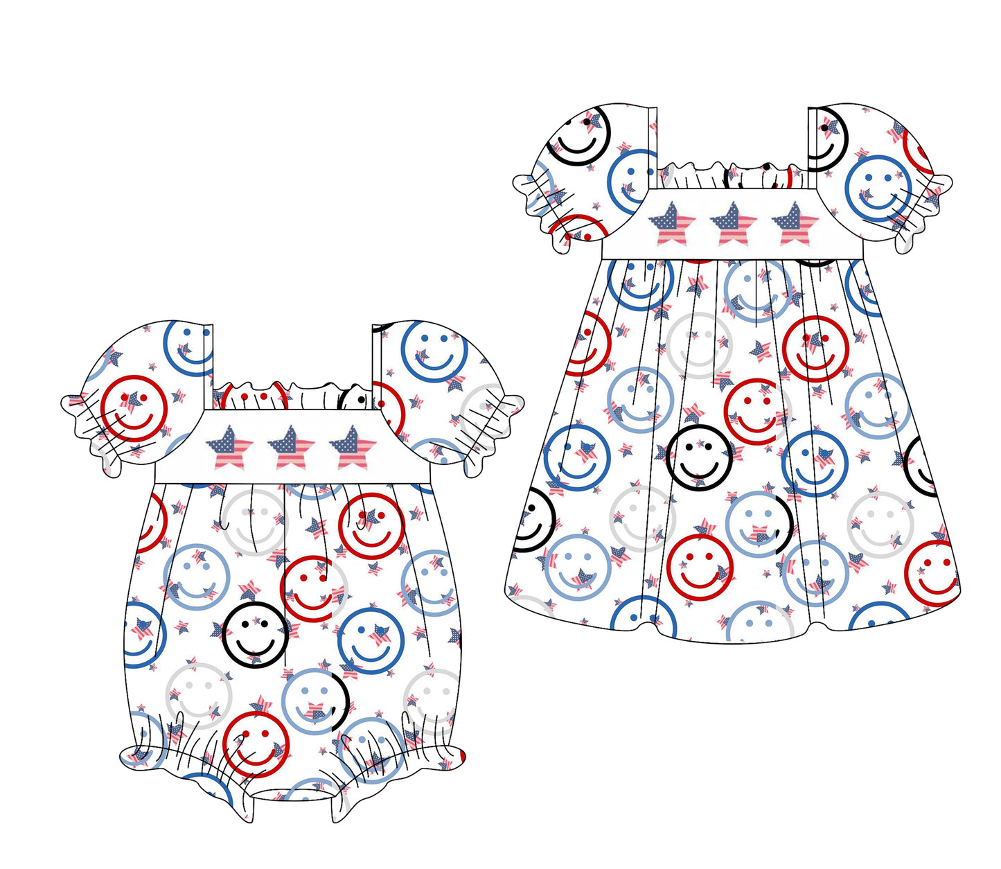 1.16 custom each style moq 5eta 4-6week Sibling Sister smiley stars baby girl short sleeve dress and rompers match family design