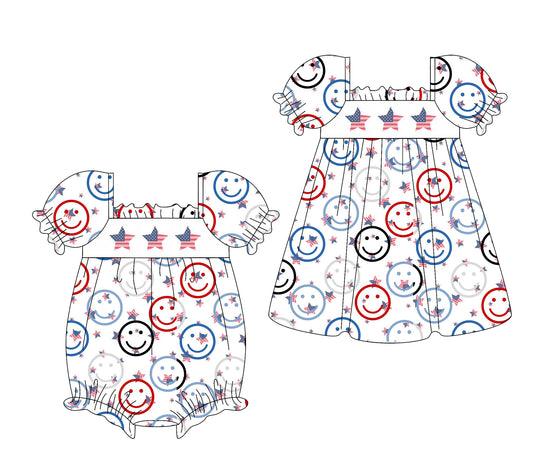 1.16 custom each style moq 5eta 4-6week Sibling Sister smiley stars baby girl short sleeve dress and rompers match family design