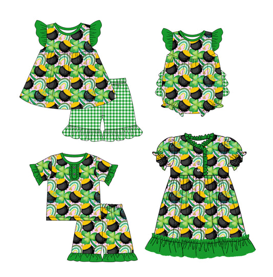 12.12 custom each style moq 5eta 4-6week Sibling Sister green baby girl short sleeve shorts sets and sets 2 and girls romper and boy romper and dress match design