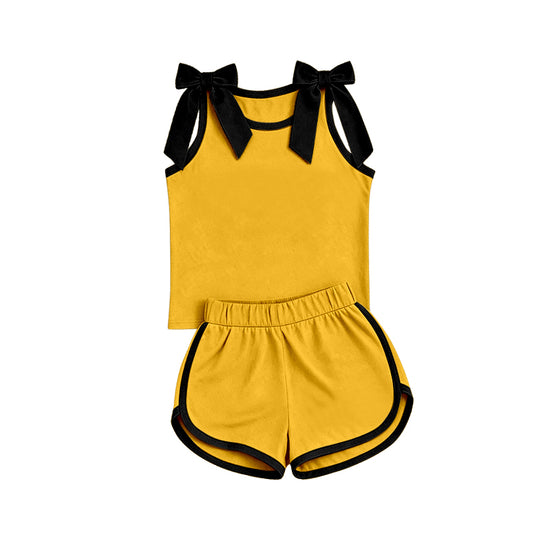 custom moq 5 mix size Baby Girls Black Bow Yellow Sleeveless Top Shorts Clothes Set