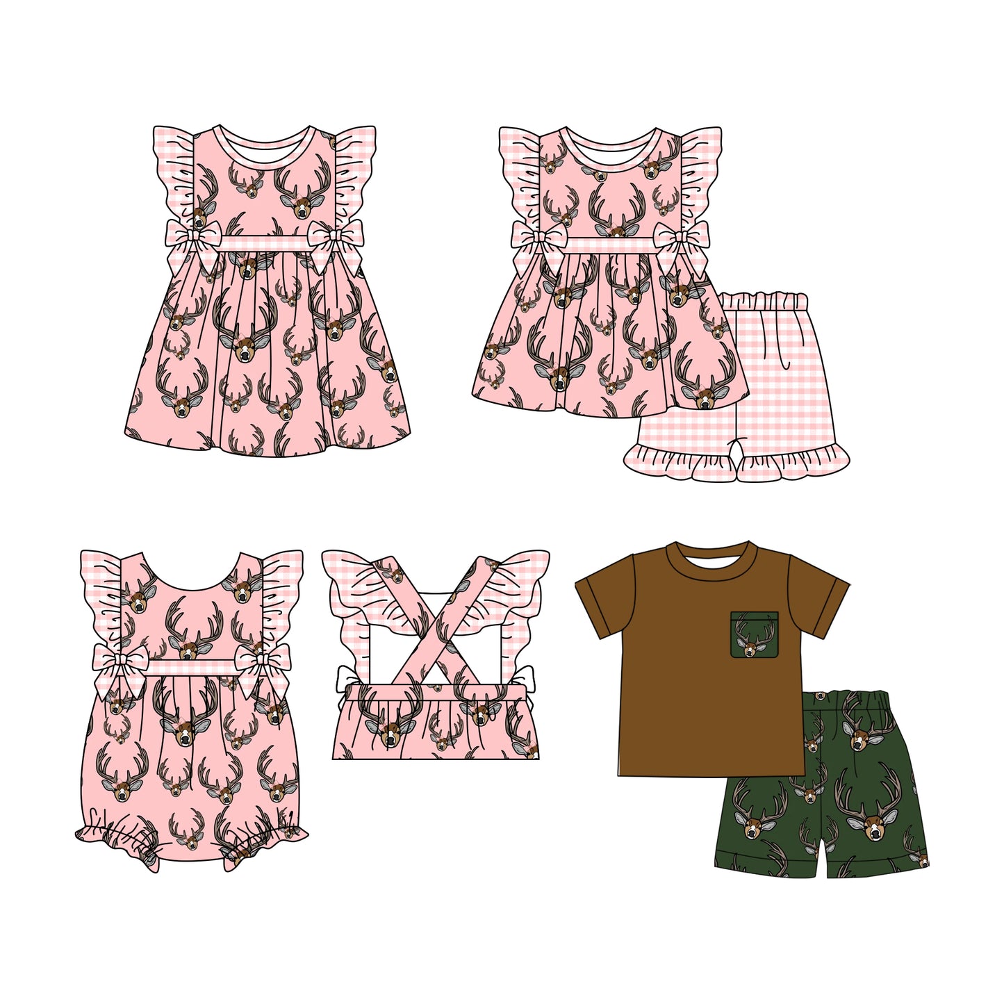 12.16 custom each style moq 5eta 4-6week Sibling Sister deer baby girl short sleeve shorts sets and sets 2 and girls romper and boy romper and dress match design