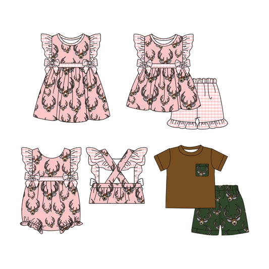 12.16 custom each style moq 5eta 4-6week Sibling Sister deer baby girl short sleeve shorts sets and sets 2 and girls romper and boy romper and dress match design