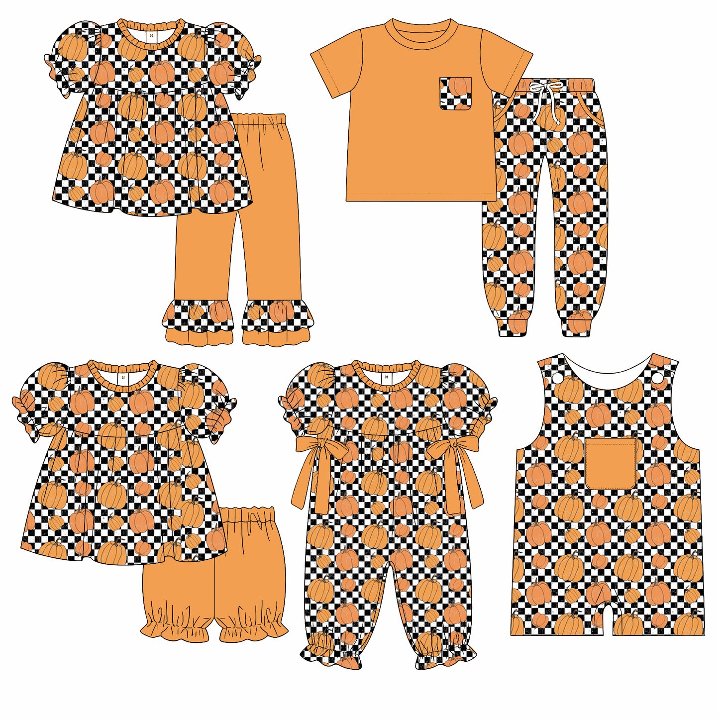 4.15  Custom moq 5 mix size Sibling Baby Boy Girls Checkered Pumpkin Short-Sleeved Top Pants Set Matching Romper