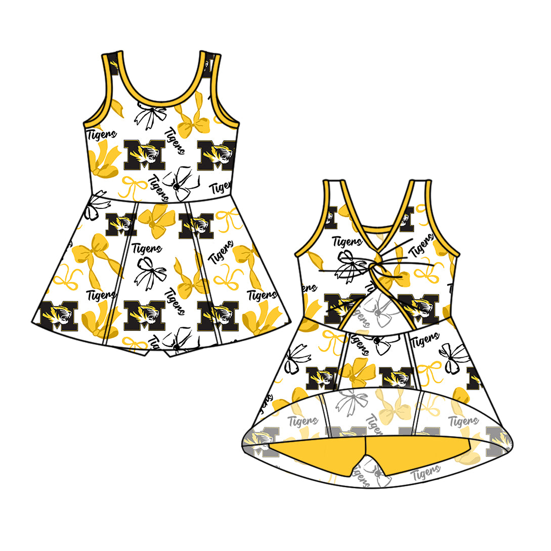 Custom moq 5 mix size milk silk summer teams Yellow Black Bow Baby Girls Vest Top Skirt Shorts Sets Sleeveless Yoga Knee Length Dresses Yoga Shorts