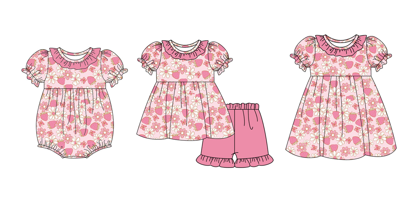 25.10.27 custom each style moq 5 eta 6-8week Sibling Sister strawberry floral baby short sleeve shorts sets and romper and dress match design