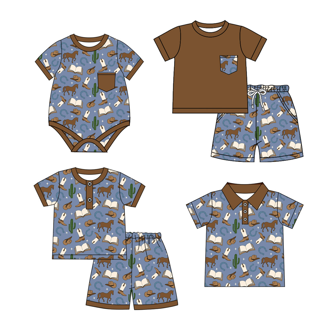 2.19 custom each style moq 5eta 4-6week Sibling Sister horse catcus baby girl sets 1 and sets 2 and boy rompers and top match family design