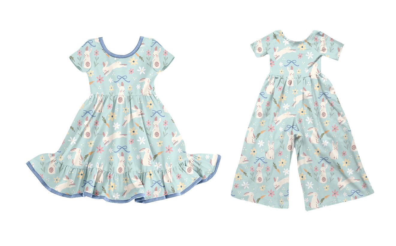 25.9.20 custom each style moq 8 eta 6-8week Sibling Sisters bunny bow baby girl long sleeve dress and jumpsuit match family design
