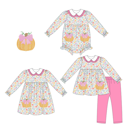 25.75 custom each style moq 5eta 4-6week Sibling Sisters pumpkin bow baby girl long sleeve pants sets and dress and rompers match family design