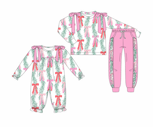 25.7.2 custom each style moq 5eta 4-6week Sibling Sisters Christmas trees bow baby girl long sleeve pants sets and rompers match family design