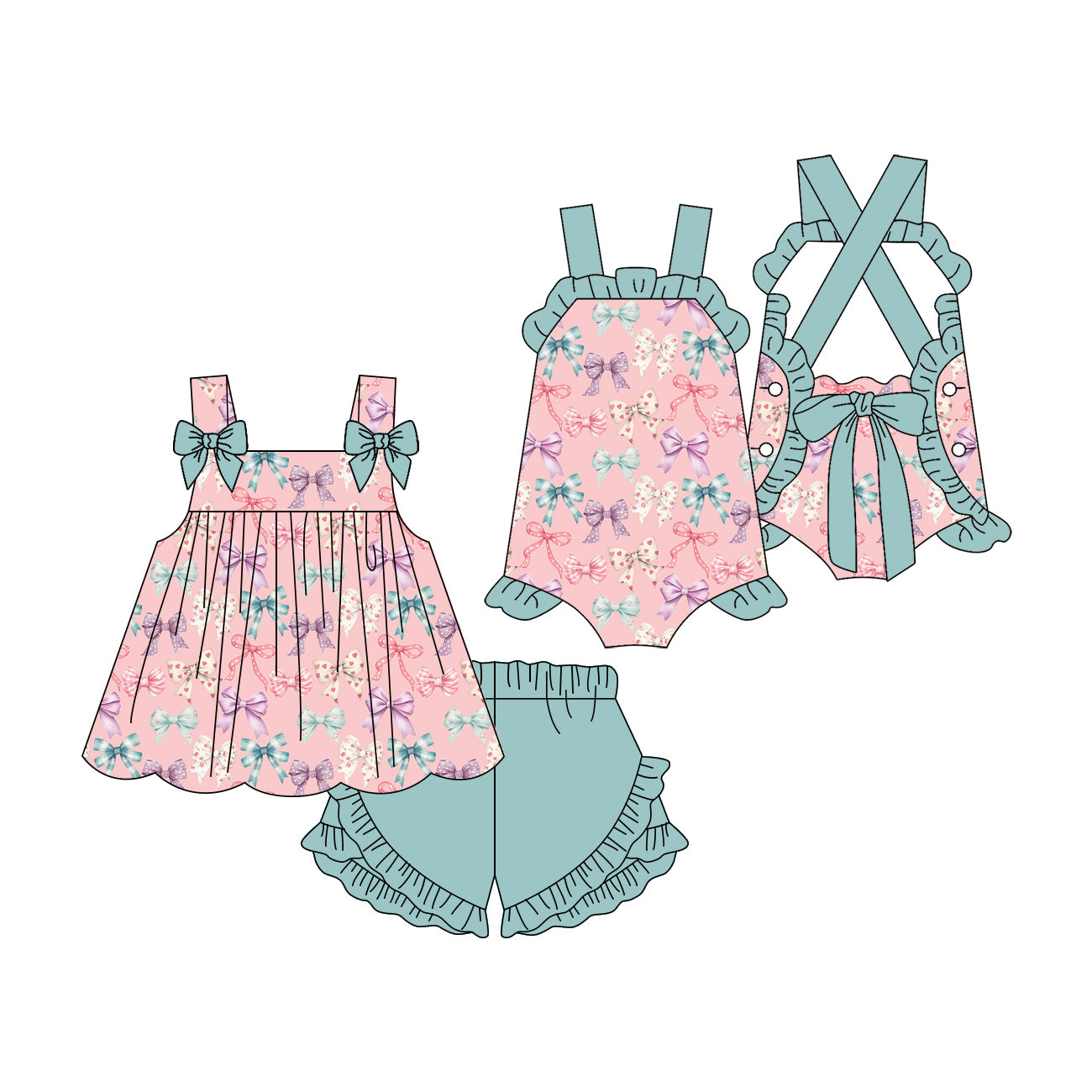 3.19 Custom moq 5 mix size Sibling Baby Girl's Sleeveless Bows  Top And Ruffle Short Set Cute Romper for Summer