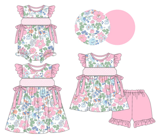 3.10 custom each style moq 5eta 4-6week Sibling Sisters floral baby girl short sleeve shorts sets and dress and rompers match family design
