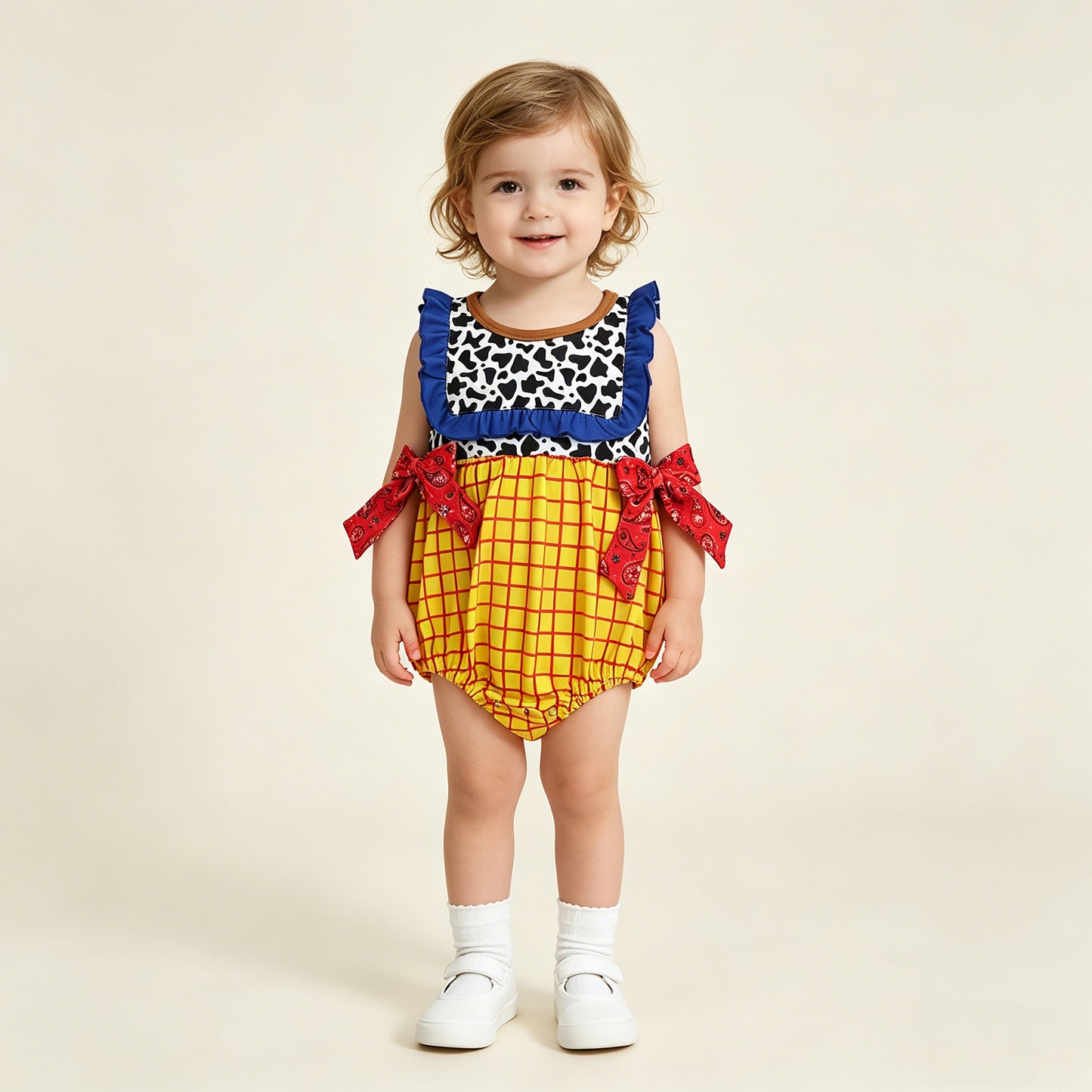 RTS NO MOQ SR4115 Baby Girls Cow Print Yellow Checked Ruffle Rompers Sleeveless Casual Outfit