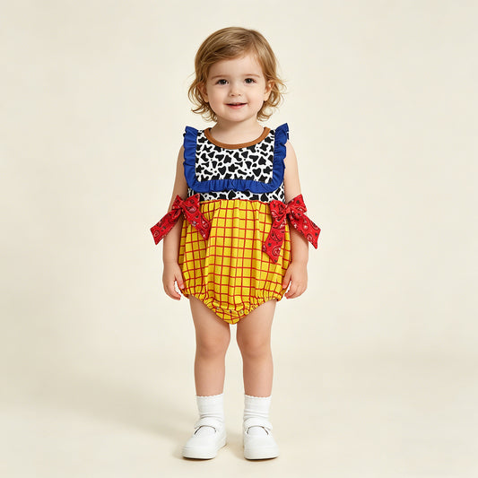 RTS NO MOQ SR4115 Baby Girls Cow Print Yellow Checked Ruffle Rompers Sleeveless Casual Outfit