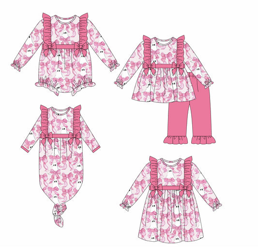 25.6.14 custom each style moq 5eta 4-6week Sibling Sisters bow ghost pink baby girl long sleeve pants sets and dress and rompers and nightgown match family design