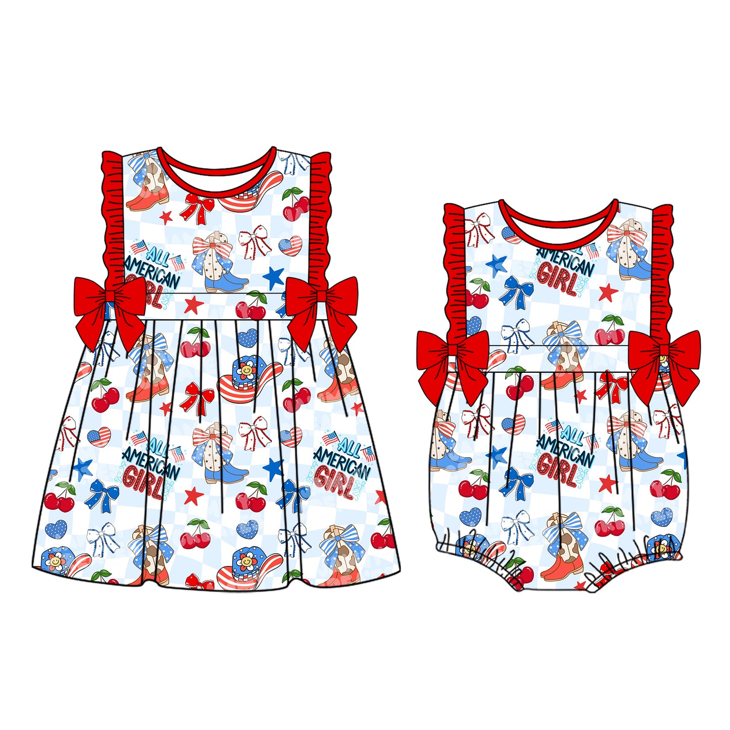 26.1.9 custom each style moq 5 eta 6-8week Sibling Sister AMERICAN GIRL bow baby short sleeve romper and dress match design
