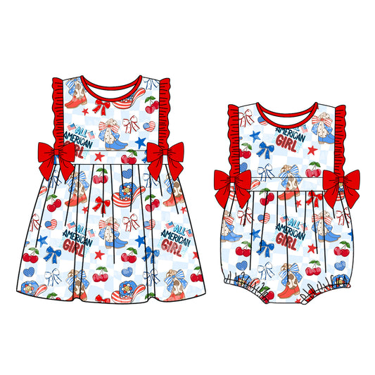 26.1.9 custom each style moq 5 eta 6-8week Sibling Sister AMERICAN GIRL bow baby short sleeve romper and dress match design