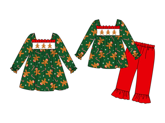 25.5.26 custom each style moq 5eta 4-6week Sibling Sisters Christmas green baby girl long sleeve pants sets and dress match family design
