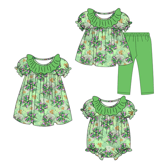 25.9.14 custom each style moq 5eta 6-8week Sibling Sisters bow green baby girl short sleeve pants sets and dress and rompers match family design