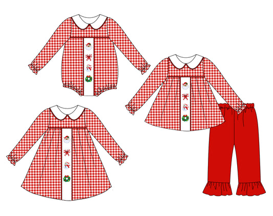 25.6.7 custom each style moq 5eta 4-6week Sibling Sisters Christmas bow red baby girl long sleeve pants sets and dress and rompers match family design