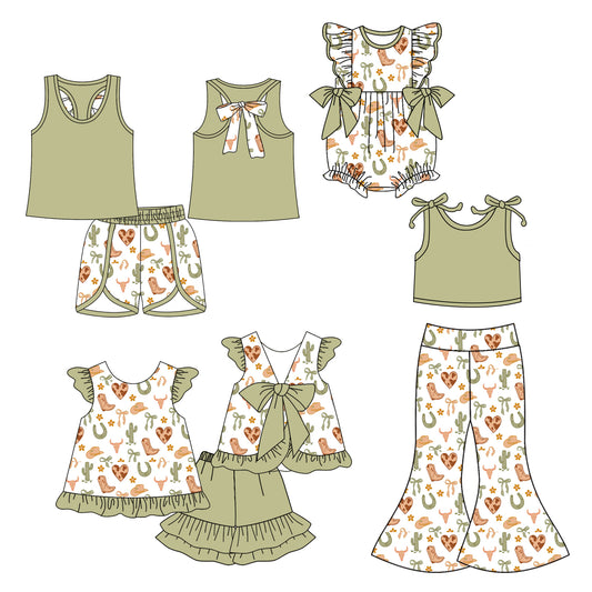 5.6 custom each style moq 5eta 4-6week Sibling Sisters boot hats bow baby girl short sleeve shorts sets 1 and sets 2 and pants sets and rompers match family design