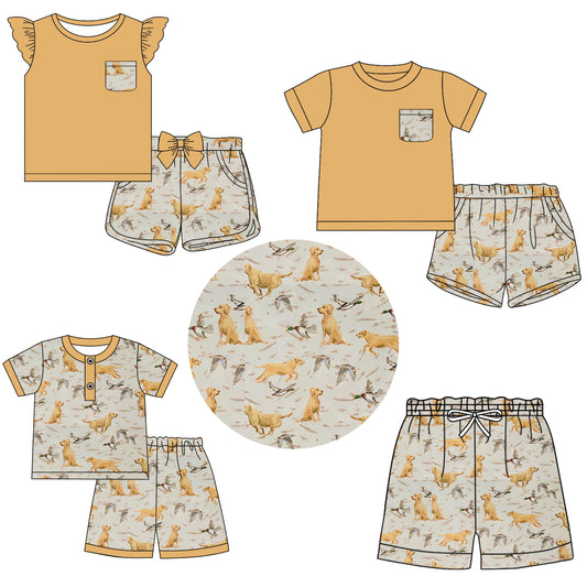 11.9 custom each style moq 5eta 4-6week Sibling Sister dog baby girl short sleeve shorts sets 1 and sets 2 and sets 3 and boy swim trunk match design